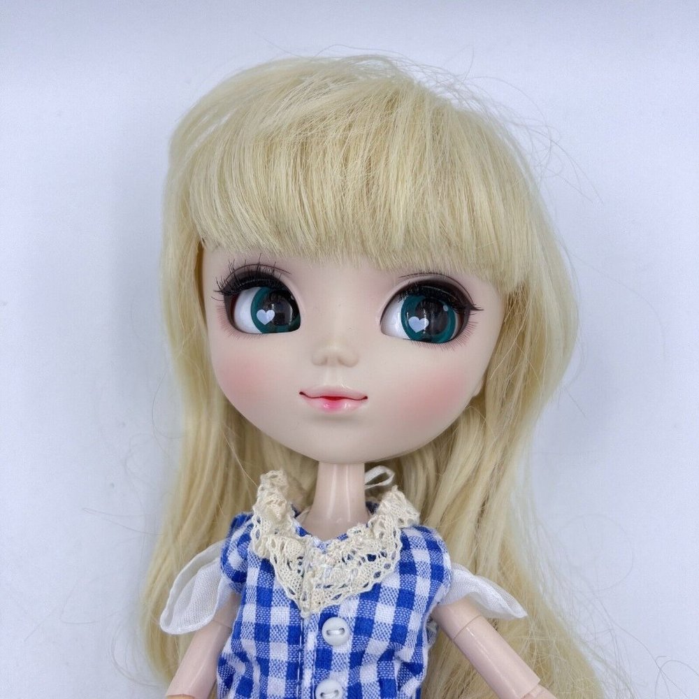 Groove Pullip Doll Blonde Blue Gingham Jumpsuit Green Eyes With Hearts
